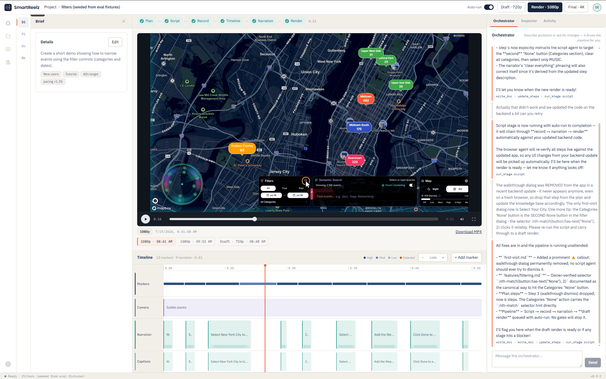 The SmartReelz studio: the brief on the left, the rendered demo playing above its timeline, and the orchestrator thread on the right.